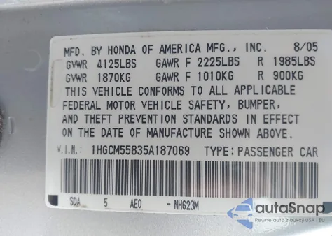 2005 Honda Accord 2.4 Ex from USA, damaged, VIN 1HGCM55835A187069